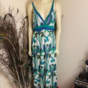 Vintage boho Elegant Green and Blue Maxi Dress